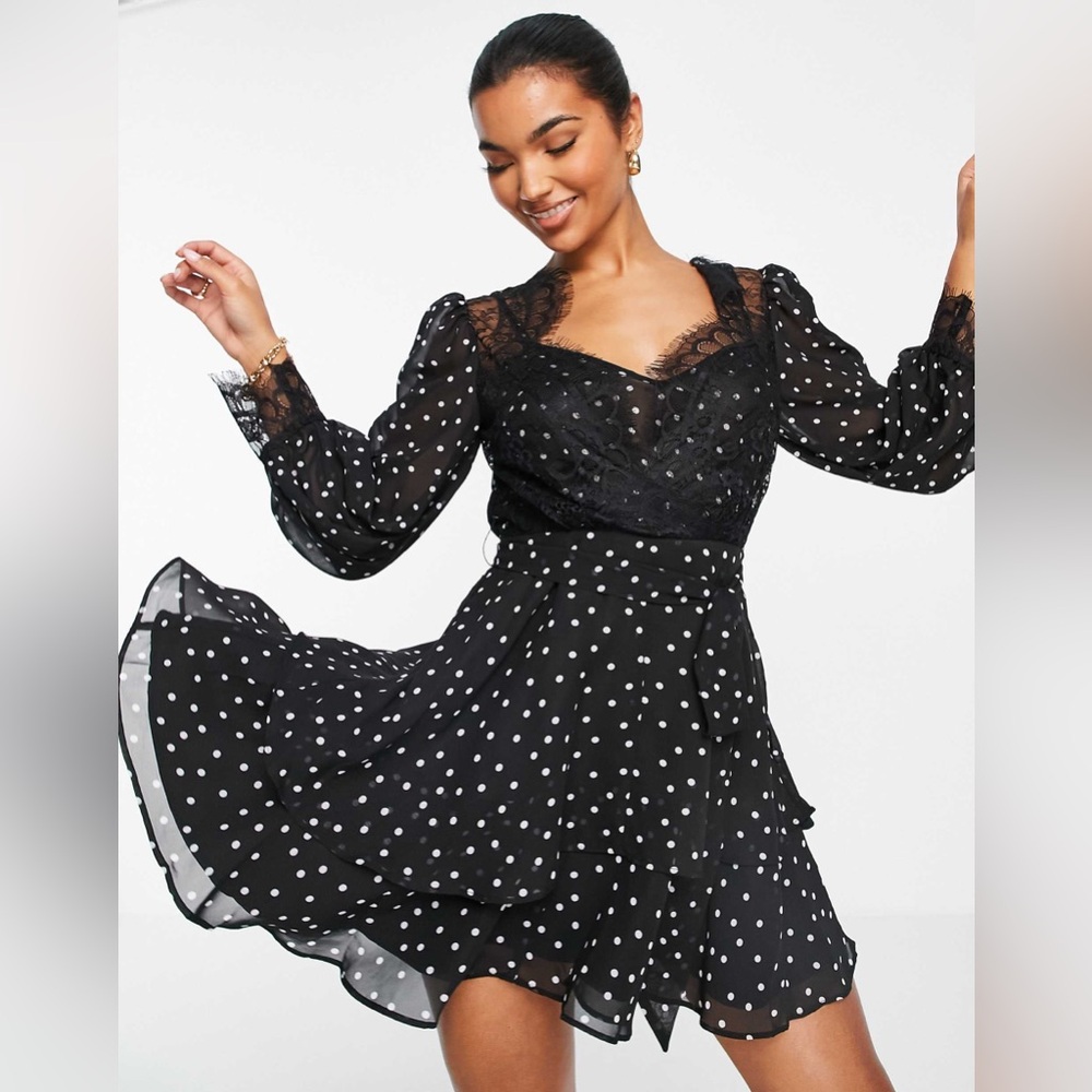 ASOS Black White Polka Dot Mini Skater Dress Eyelash Lace Details Size 10